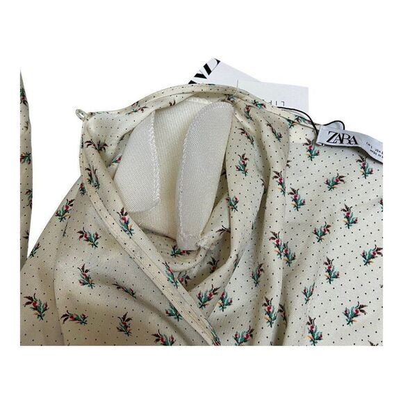ZARA L SATIN SHOULDER PAD BLOUSE FLORAL & DOTS CREAM SLIT SEXY CROP BLOGGERS NEW - Picture 9 of 15